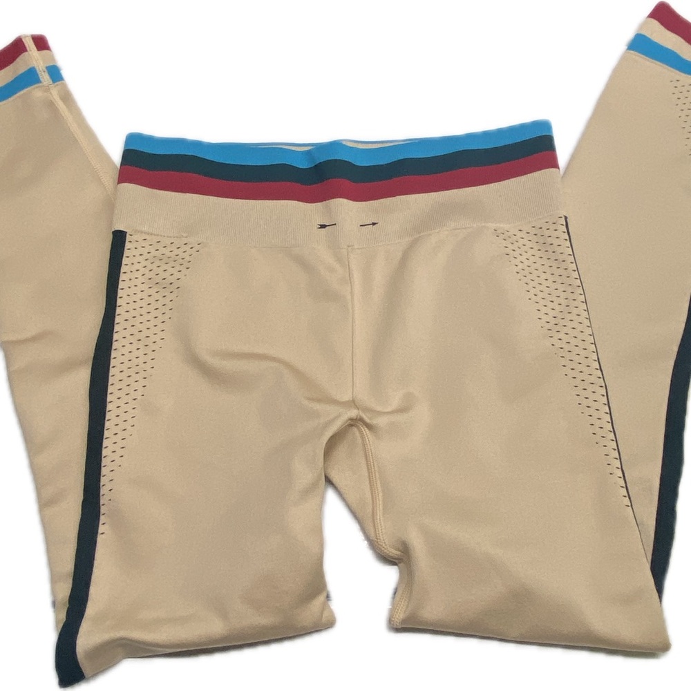 The Upside Tan and Blue Leggings with Striped Waistband